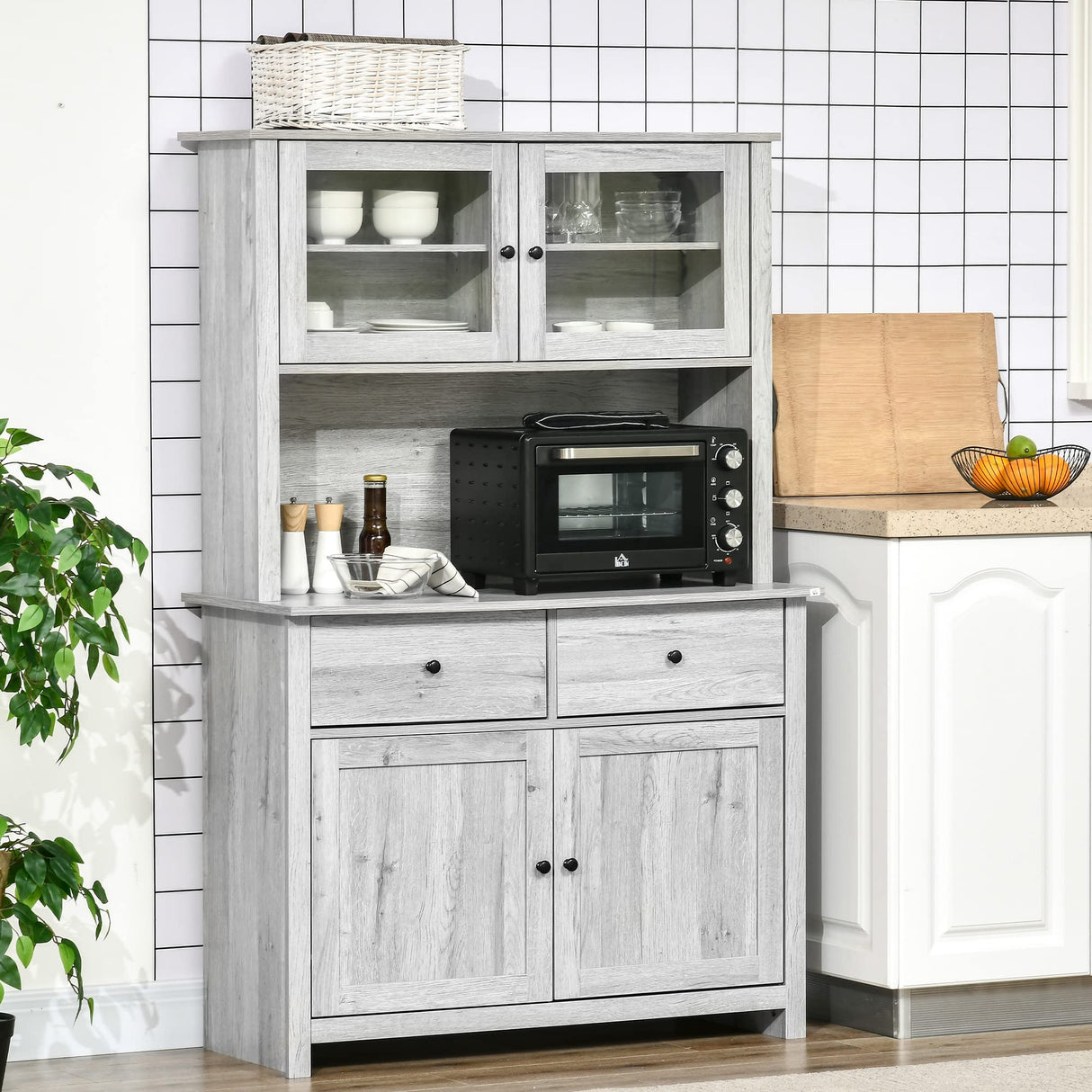 HOMCOM 63.5" Kitchen Buffet with Hutch, Pantry Storage Cabinet with 4 Shelves, Drawers, Framed Glass Doors, Open Microwave Countertop, Ash Grey HOMCOM