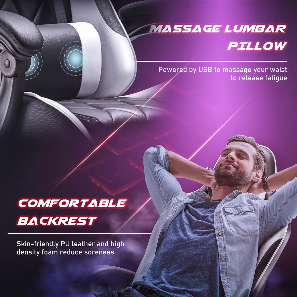 Homall Gaming Chair, Computer Chair with Footrest and Massage Lumbar Support, Ergonomic High Back Video Game Chair with Swivel Seat and Headrest (White) Homall