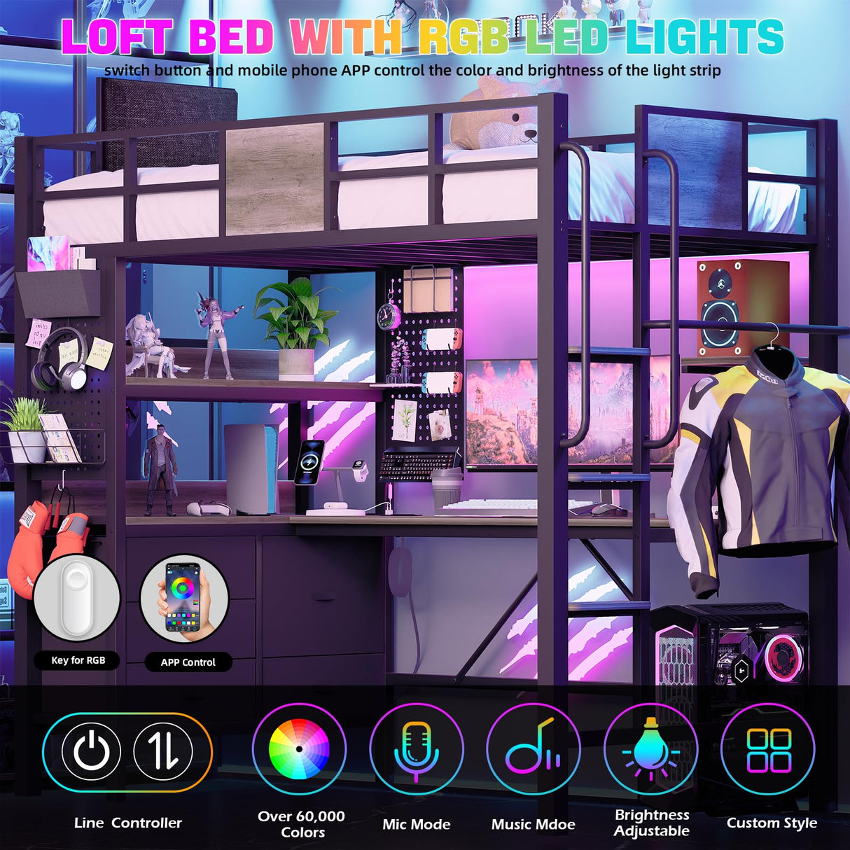 busyaeh Loft Bunk Bed with Desk Underneath, Loft Bed Twin Size with Desk, RGB LED Lights, and Charging Station, with Drawer Cabinets and Pegboards, Twin Max Load-Bearing Weight 400lbs, Oak Gray busyaeh