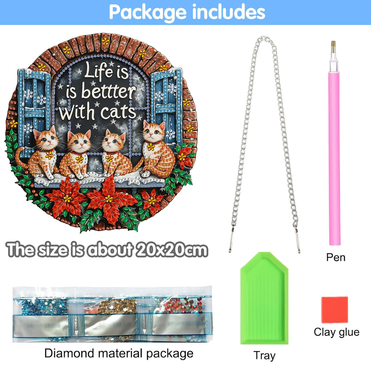 Reofrey Hanging Diamond Art Kits for Adults - 8x8 Inch Christmas Cat Acrylic Board Double Sided Pattern Diamond Art Suncatcher Pendant, DIY Crystal Art for Home Wall or Window Decoration Handmade Gift Reofrey