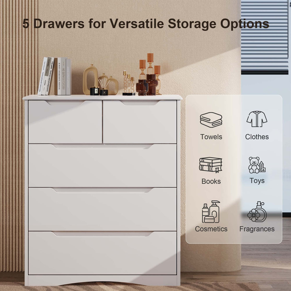Gizoon 5 Drawers Chest, White Dresser for Dedroom with Embedded Handle, Sturdy Anti-Tripping Device, Chest of Drawers with Large Storage Capacity for Hallway, Office, Living Room Gizoon