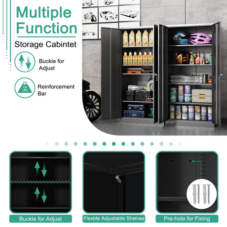 Waqiv Black Metal Storage Cabinet with Door, Locking Steel Cabinet with 4 Adjuestable Shelves, Tall Lockable Garage Tool Storage Cabinet for Home, Waqiv