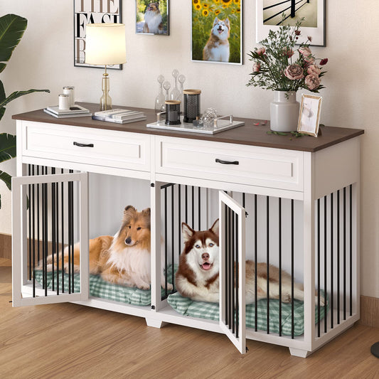 PIAOMTIEE Dog Crate Furniture, 72.4 Inch Wooden Dog Kennel, Modern Decorative Dog Crate End Table, Dog House with Double Doors, Drawers, Divider, Indoor Dog Cage for Large Medium Dogs, White - WoodArtSupply