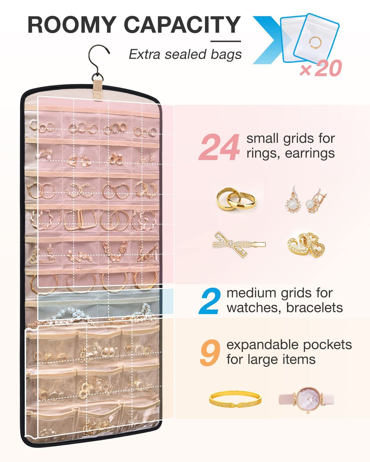 BAGSMART Hanging Jewelry Organizer, Necklace Holder Anti-tangle Earrings Rings Hanger with 20 Jewelry Bags Travel Storage Roll with Pockets Hang on Closet, Wall, Door,1 Piece, Large, Black BAGSMART