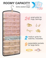 BAGSMART Hanging Jewelry Organizer, Necklace Holder Anti-tangle Earrings Rings Hanger with 20 Jewelry Bags Travel Storage Roll with Pockets Hang on Closet, Wall, Door,1 Piece, Large, Black BAGSMART
