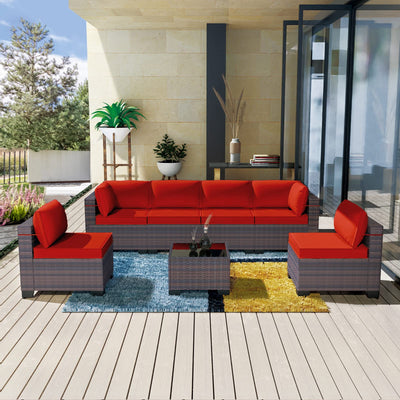 Kullavik 7 Pieces Outdoor Patio Furniture Set,Sectional Rattan Sofa Set Brown PE Rattan Wicker Patio Conversation Set with Tempered Glass Coffee Table and Washable Cushions Covers,Red
