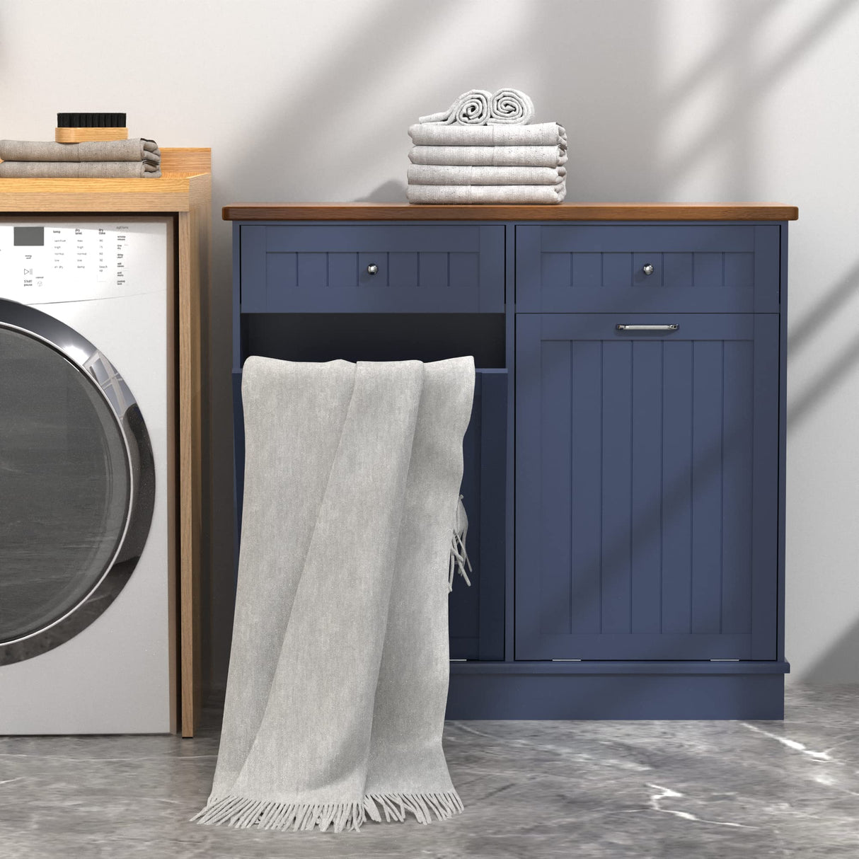 TOLEAD Double Tilt Out Trash Cabinet 20 Gallon,Antique-style Beadboard Trash Can Cabinet Kitchen with Solid Wood Tabletop & Drawer, Pet Proof Trash Can, Wood Laundry Cabinet (Blue) TOLEAD