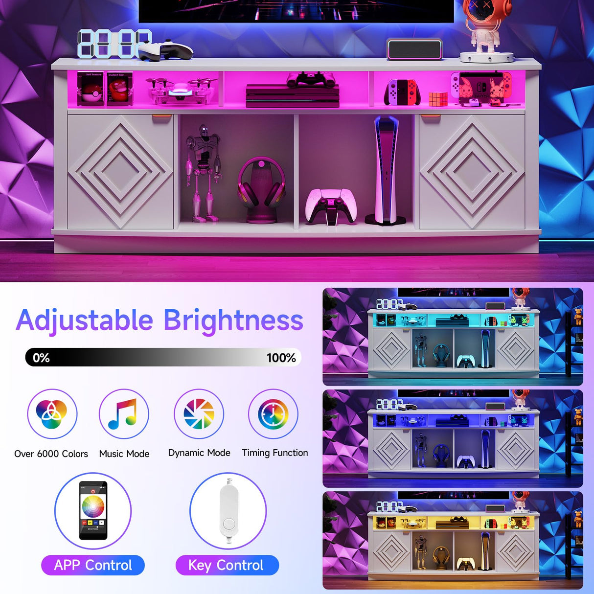 ONBRILL LED TV Stand for 80 Inch TV, Entertainment Center with Power Outlets, Modern TV Console Gaming Media Television Stands with Storage for Living Room, Bedroom, Gaming Room, 70 Inch, White ONBRILL