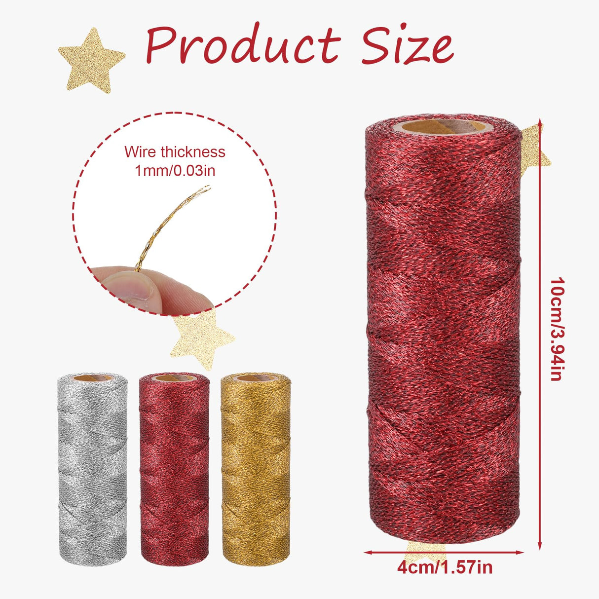 3 Rolls Christmas Decorative String Metallic Bakers String Wrapping Twine Strings Metallic Ornament Thread Glitter Strings for DIY Crafting Christmas Decor Gift Wrapping-Red/Gold/Silver DSLSQD