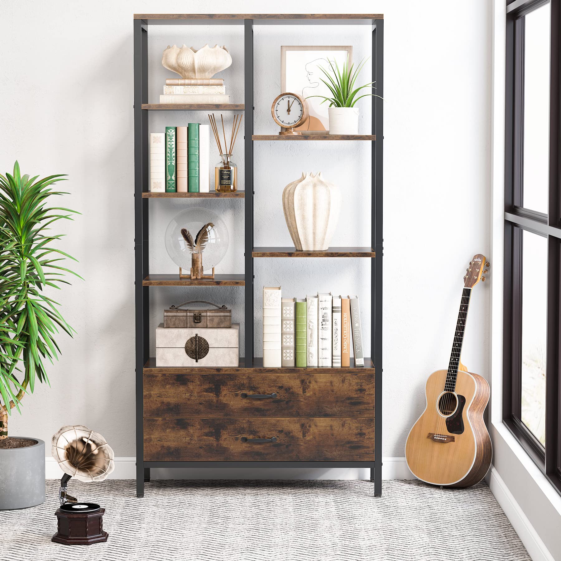 Tribesigns Industrial Tall Bookcase with Drawers - 2-Pack Versatile Open and Hidden Storage Shelves - WoodArtSupply