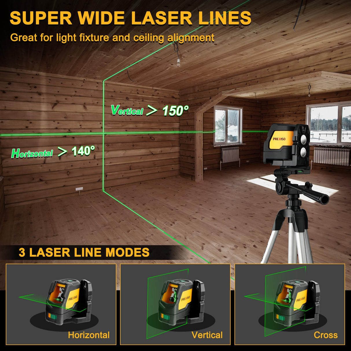 PREXISO Laser Level with Tripod, IP54 Professional 150° Wide Angle Laser Level Self Leveling - 2 Brightness Adjustment 100Ft Cross Laser Line Tool for Construction, Ceiling Alignment, Floor Tile Prexiso