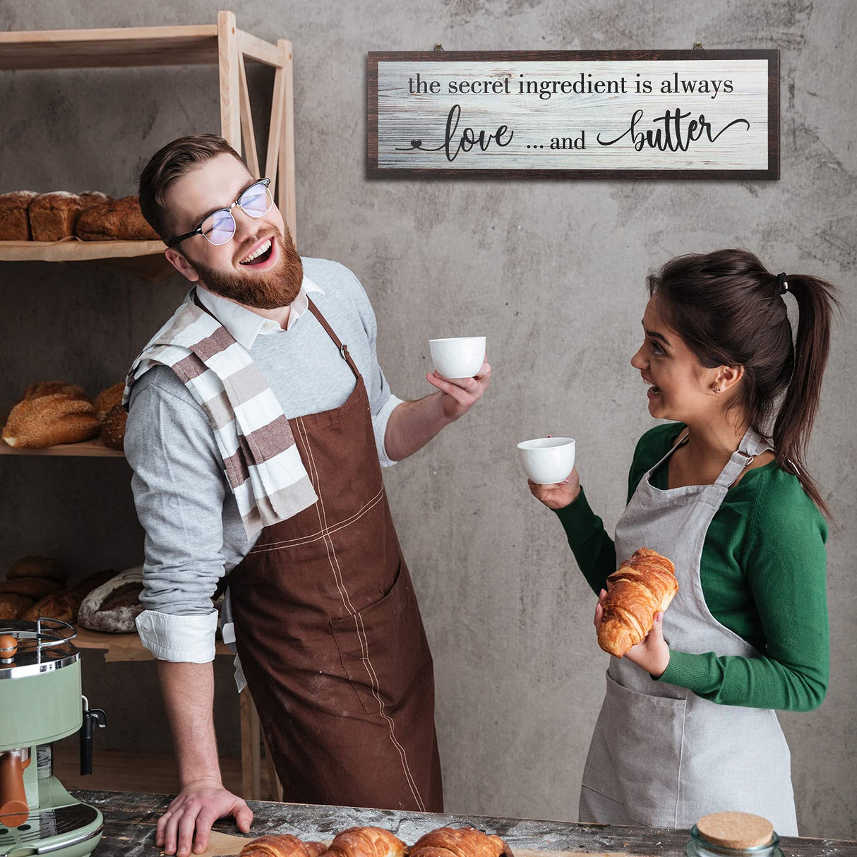 Jetec The Secret Ingredient Is Always Love and Butter Sign Funny Wood Kitchen Sign Funny Farmhouse Wall Decor Rustic Kitchen Wall Decoration, 15.7 x 4.7 Inch(White) Jetec