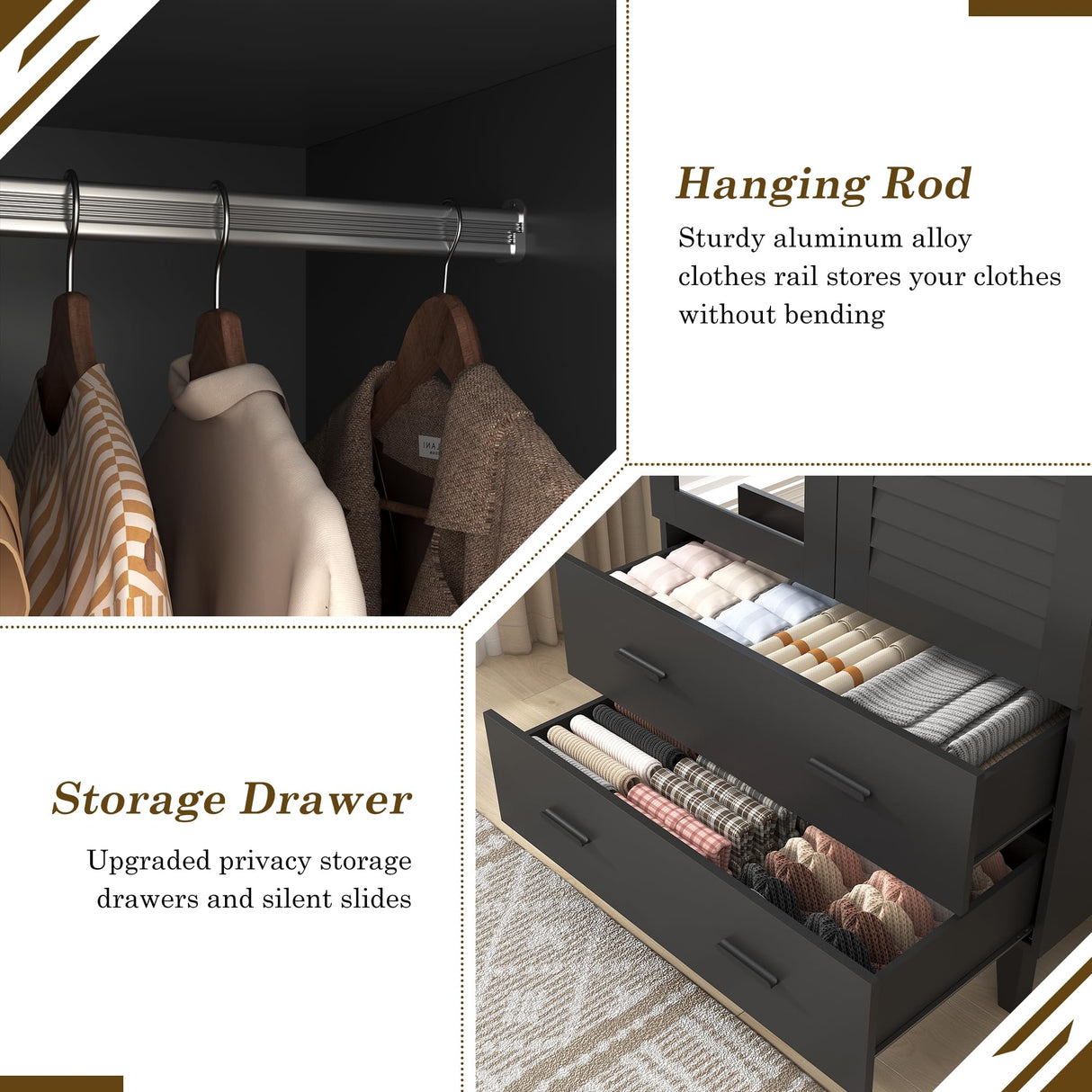 jiteentarou 2 Door Armoire Wardrobe Closet Cabinet with Drawers and LED Lights, Multi-Tier Shelves, Hanging Rod & 2 Louver Doors, Large Capacity Storage Wardrobe Armoire for Bedroom(2 Doors Black) jiteentarou