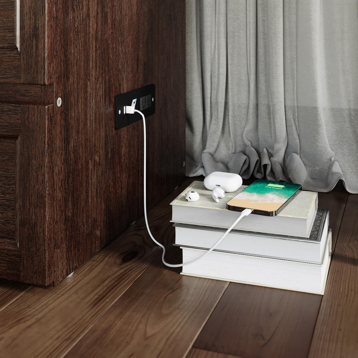 AFI, Northfield Murphy Bed Chest Queen with 6" Mattress, Storage Drawer & Built-in USB Charger, Burnt Amber AFI