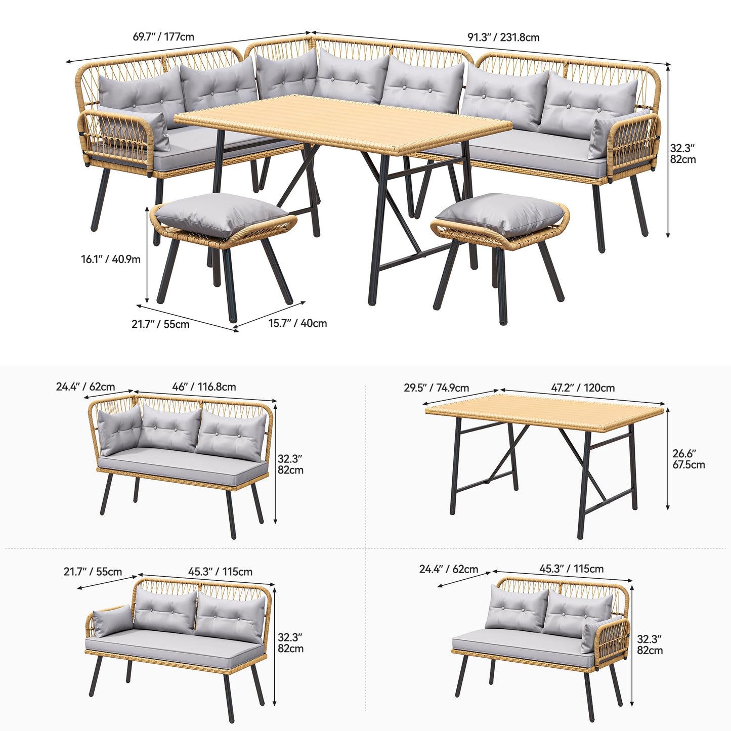 YITAHOME Patio Wicker L-Shaped Furniture Set, All-Weather Rattan Outdoor Conversation Sofa Set for Backyard Deck with Soft Cushions,Ottomans and Plastic Wood Dining Table (Light Brown+Gray) - WoodArtSupply