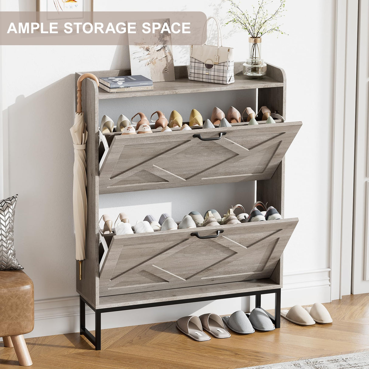 Nicetree Shoe Storage Cabinet with 2 Flip Drawers, Freestanding Shoe Organizer, Shoe Cabinet with Metal Legs, Narrow Shoe Rack Cabinet, Farmhouse Slim Shoe Cabinet for Entryway, Hallway, Rustic Gray Nicetree