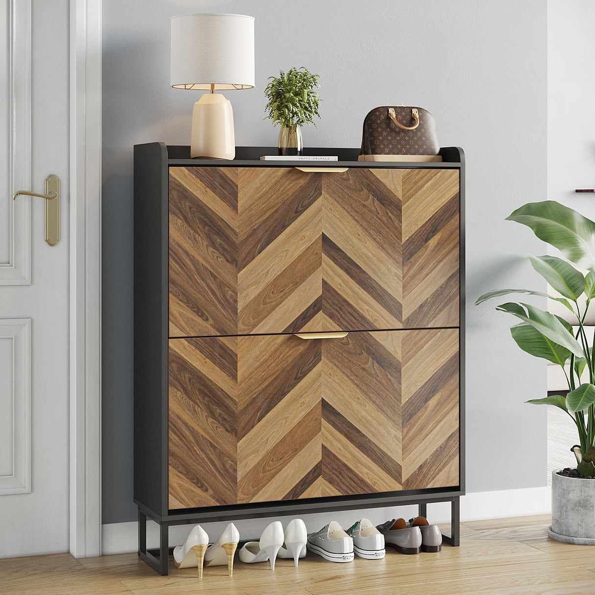 Maupvit Shoe Cabinet with 2 Flip Drawers，Shoe Storage Cabinet for Entryway，Hidden Shoe Storage Slim Storage Cabinet with Metal Legs, Farmhouse Free Standing Shoe Rack Cabinet (2-Drawers, Dark Brown) Maupvit