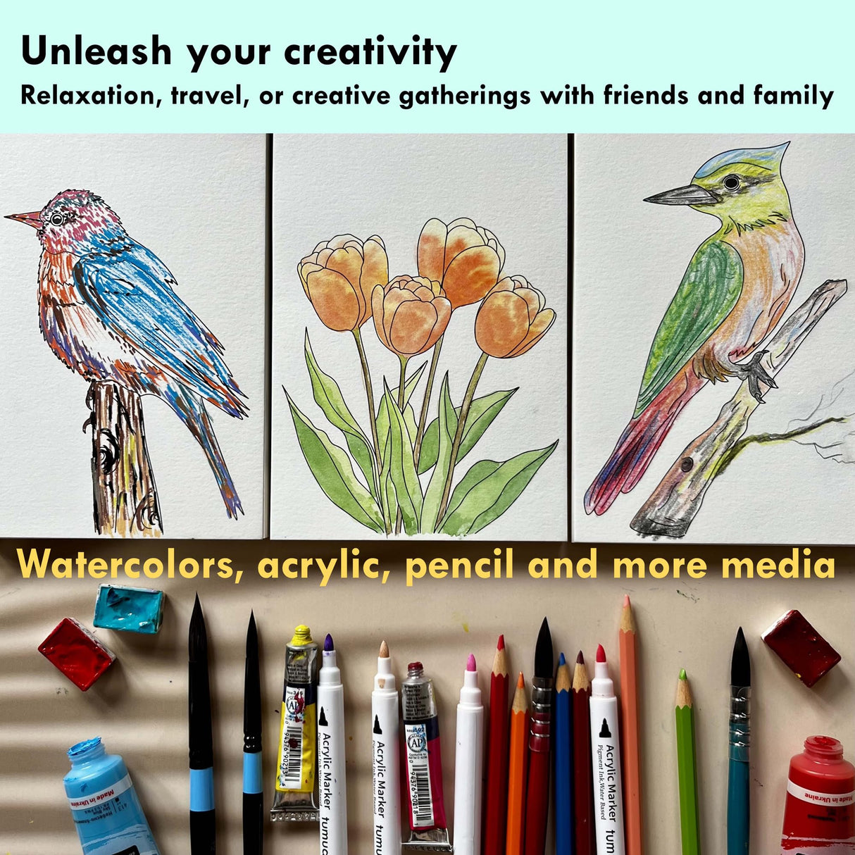 tumuarta Watercolor Coloring Book, 20 Unique Designs, 5x7”, 100% Cotton, 300GSM, 140 LB, Cold Press, Acid Free Watercolor Paper, Glue Bound Mixed Media Sketch Book Birds tumuarta