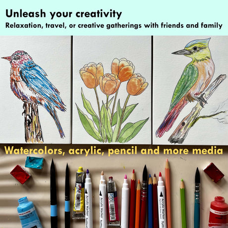 tumuarta Watercolor Coloring Book, 20 Unique Designs, 5x7”, 100% Cotton, 300GSM, 140 LB, Cold Press, Acid Free Watercolor Paper, Glue Bound Mixed Media Sketch Book Birds tumuarta