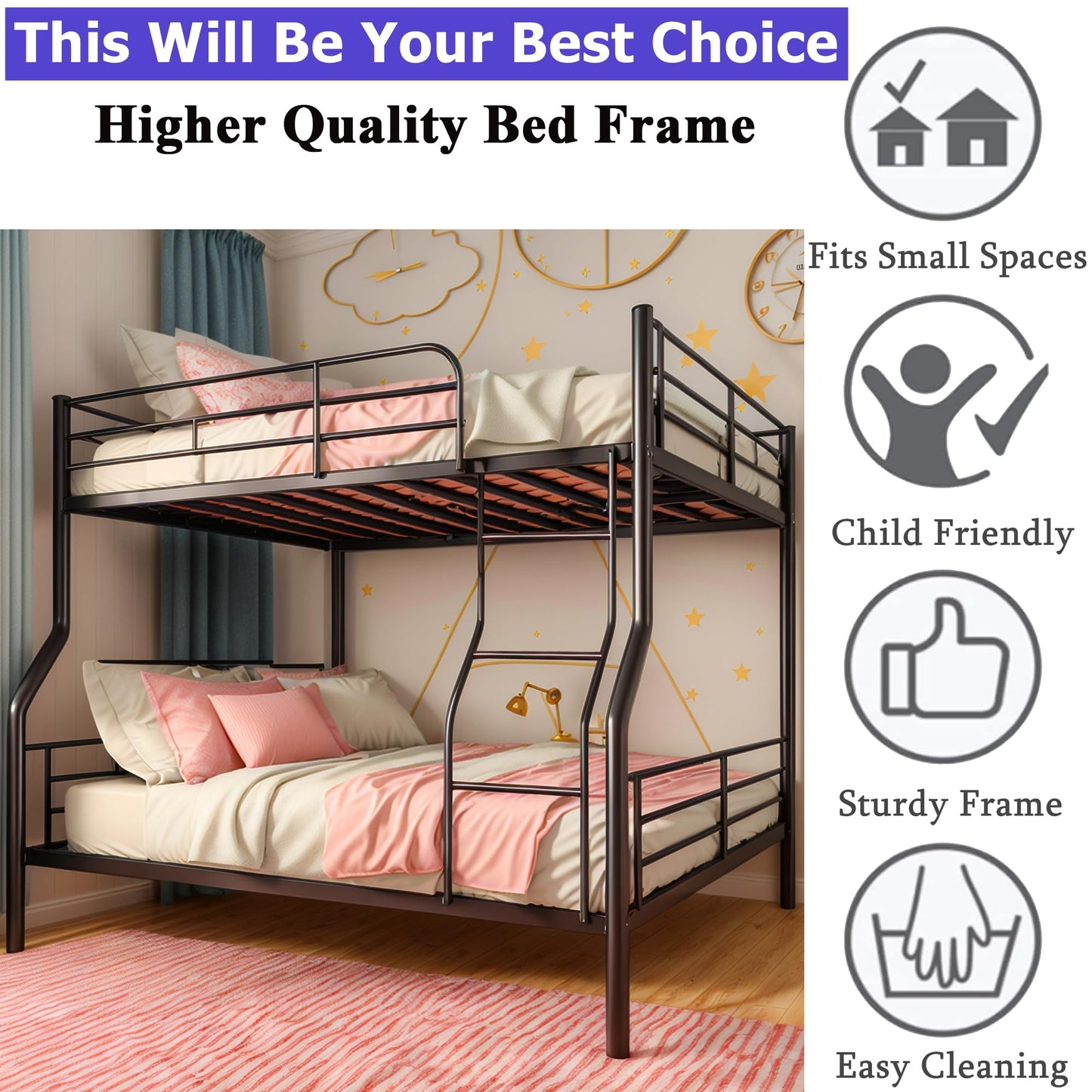 Movdevy Metal Full XL Over Queen Bunk Bed for Kids Adults Teens Boys, Stronger Metal Queen Size Bunk Beds, Heavy Duty Bunk Bed Full XL Over Queen with Ladder & Guardrail, No Box Spring Need (Black)