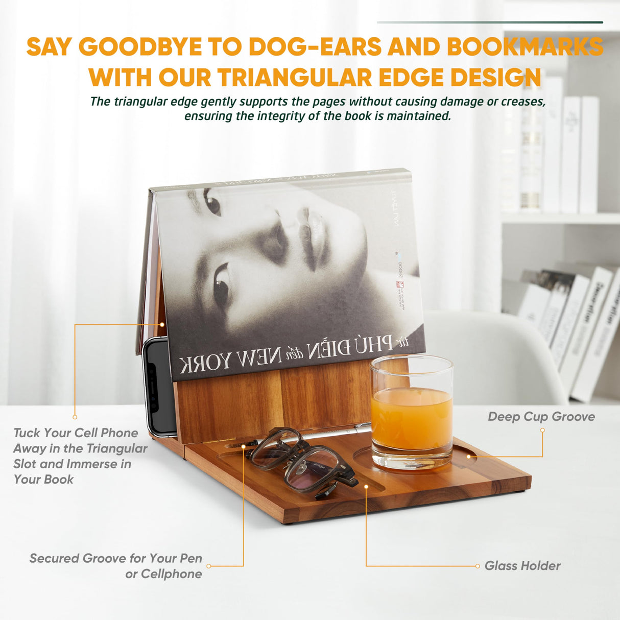 NAGAWOOD Triangle Book Holder, Book Rest, Acacia Foldable Book Nook Reading Valet, Triangle Book Stand with Cup, Pen, Glasses and Phone Holder for Bedroom, Nightstand or Office, Gifts for Book Lover NAGAWOOD