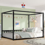 Full Size Canopy Bed Frame with 4 Posters and Guardrails, Full Size Montessori Floor Bed with High Fence, Anti Bump Design, Easy Assemble, Metal Montessori Bed Black Bellemave