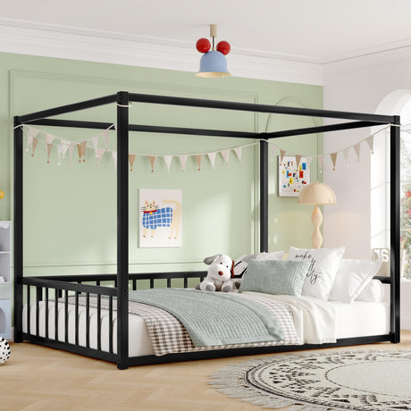 Full Size Canopy Bed Frame with 4 Posters and Guardrails, Full Size Montessori Floor Bed with High Fence, Anti Bump Design, Easy Assemble, Metal Montessori Bed Black Bellemave