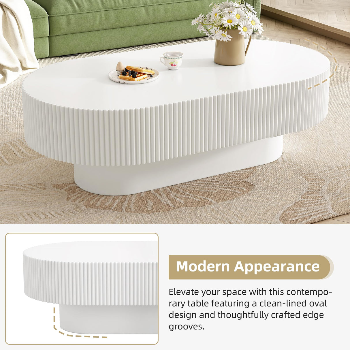 Merax Modern 43.3" W Oval Coffee Table with Sturdy Base, Wood Center Tables for Living Room Reception Room, Easy Assemble, White Merax