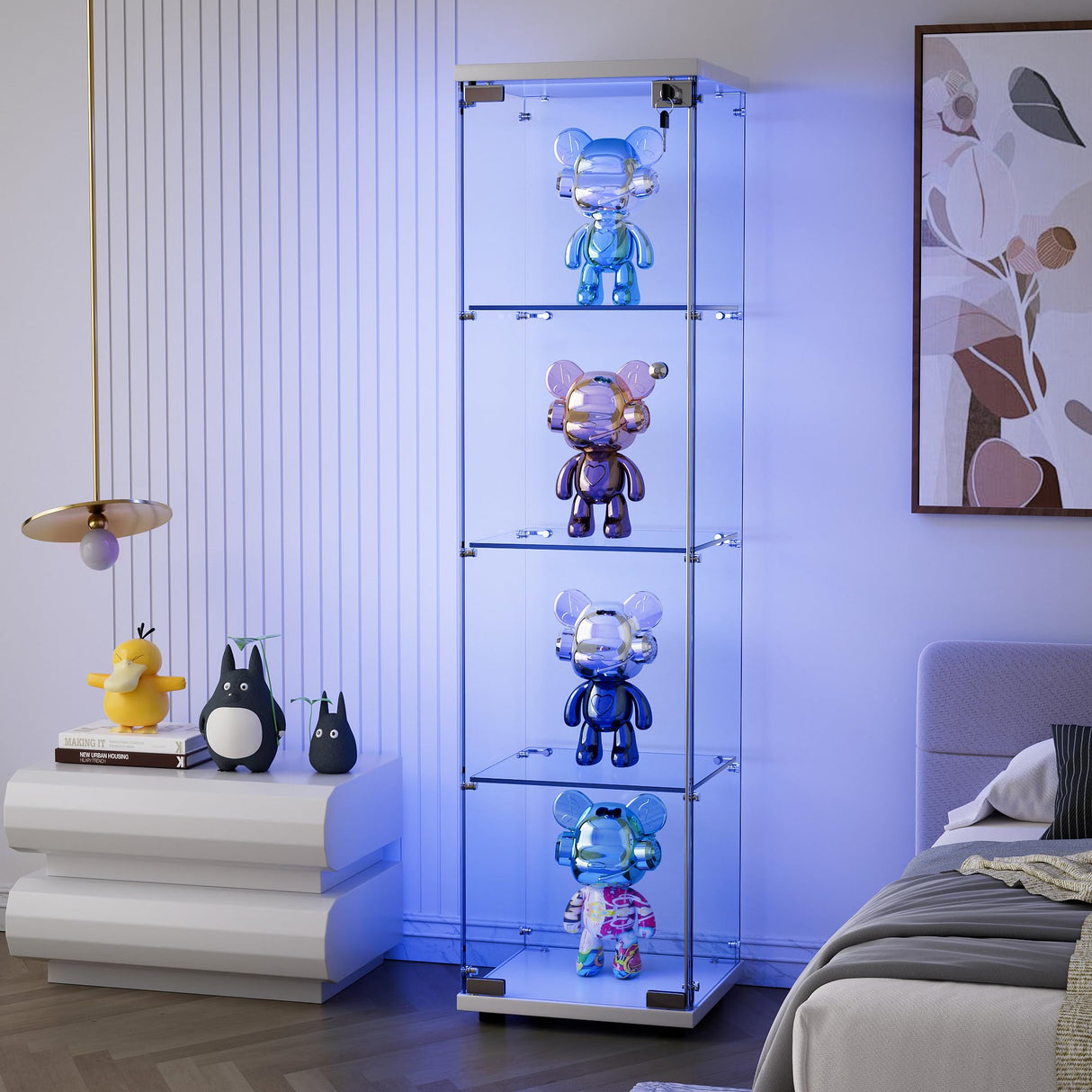 Goujxcy 64" Curio Cabinet, 4 Shelves Glass Display Cabinet with LED Lights, Glass Storage Cabinet with Door, Collectibles Toy Organizers Rack, Display Shelf, Kids Bookcase for Playroom, Bedroom, White Goujxcy