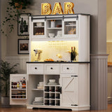 E-SHANHOMY 71" Farmhouse Pantry Cabinet, Kitchen Pantry Bar Cabinet with LED Light & Power Outlet, Kitchen Hutch with Microwave Shelf,Modern Coffee Bar Hutch with Wine & Glasses Rack for Dining Room E-SHANHOMY
