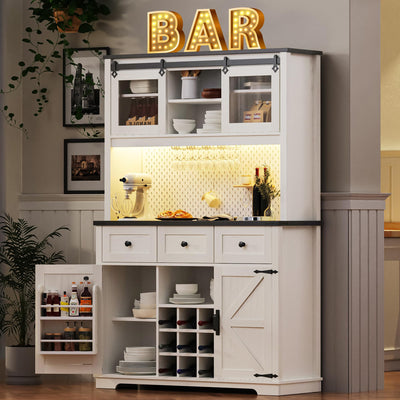 71" Farmhouse Coffee Wine Bar Cabinet with LED Lights, Rustic White Large High Kitchen Pantry Cabine with Sliding Barn Door, DIY Pegboard, Drawers,Glass Holder for Home Office Coffee Corner Station