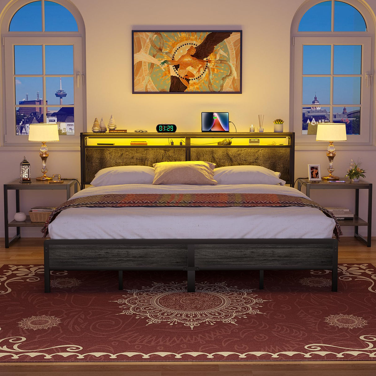 Homieasy King Size Industrial Metal Bed Frame with LED Lights and Charging Station Homieasy