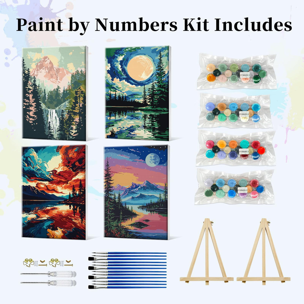 JOOZ 4 Pack Paint by Numbers Kit for Adults with Frame, Moon Paint by Number with Easel, DIY Mountain Lake Adult Paint by Number Kits on Canvas, Landscape Oil Painting Kit for Home Decor 8x12 Inch JOOZ