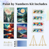 JOOZ 4 Pack Paint by Numbers Kit for Adults with Frame, Moon Paint by Number with Easel, DIY Mountain Lake Adult Paint by Number Kits on Canvas, Landscape Oil Painting Kit for Home Decor 8x12 Inch JOOZ