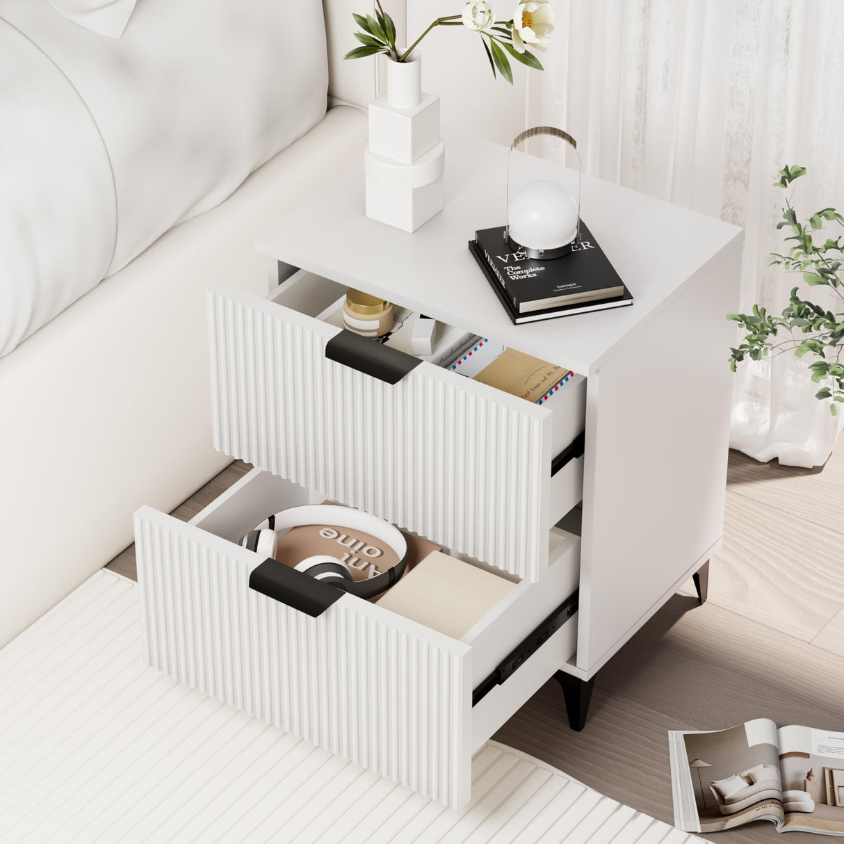 Royal Windsor Fluted Nightstand Set of 2 with 2 Drawers, Side End Table, Small Accent Storage Cabinet,Modern Night Stand Bedside Table for Bedroom,White Royal Windsor