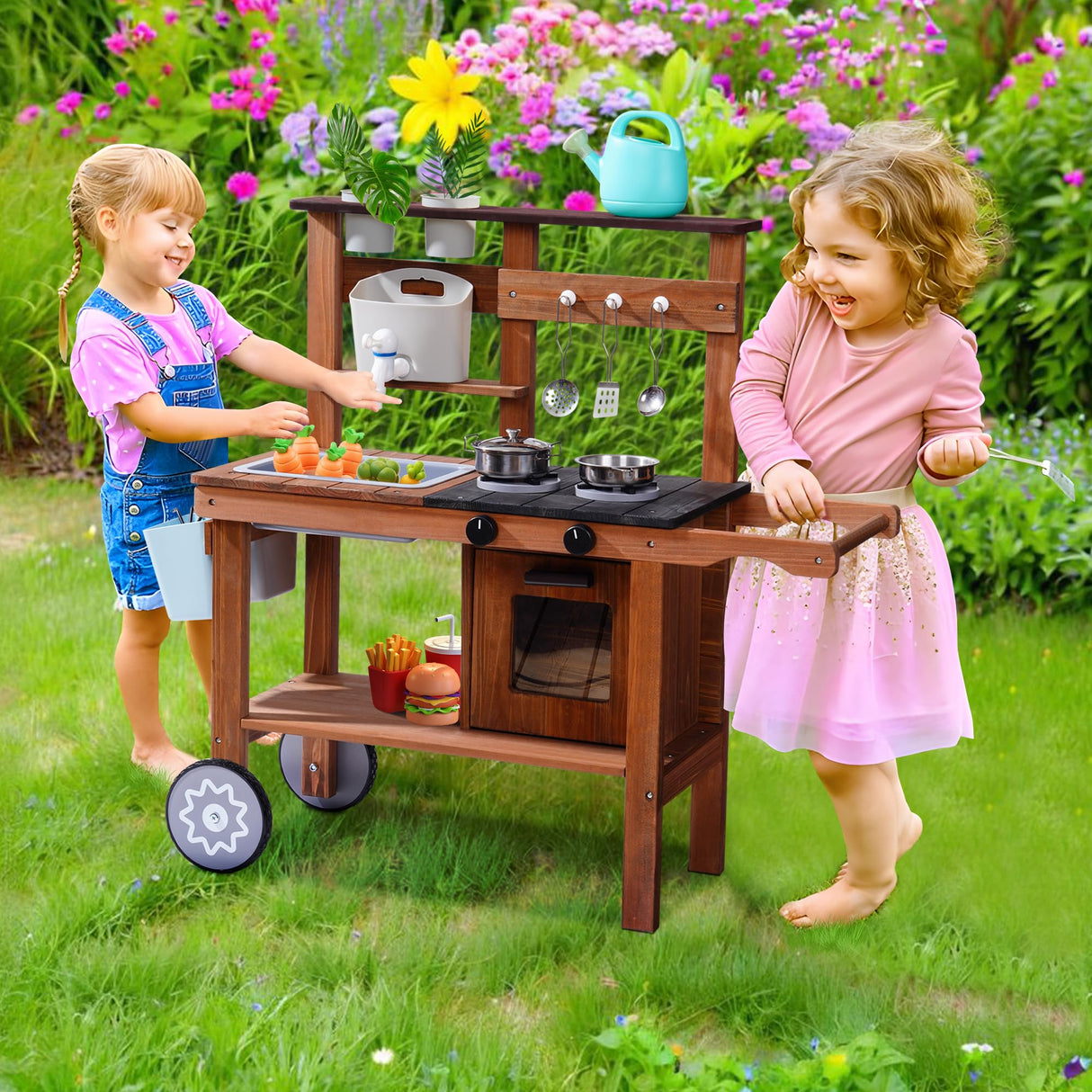 ROBUD Mud Kitchen for Kids Outdoor with Wheels, Wooden Outdoor Play Kitchen, Kids Mud Kitchen with Removable Sink & Faucet, Monteeori Toys for Children Ages 3+ Years, WG403 ROBUD