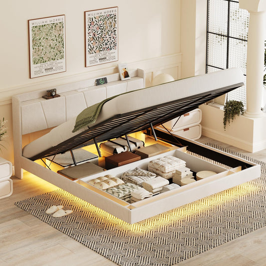 Halitaa King Size Floating Bed Frame with LED Lights, Lift-Up Storage, and Charging Station in White PU Leather - WoodArtSupply