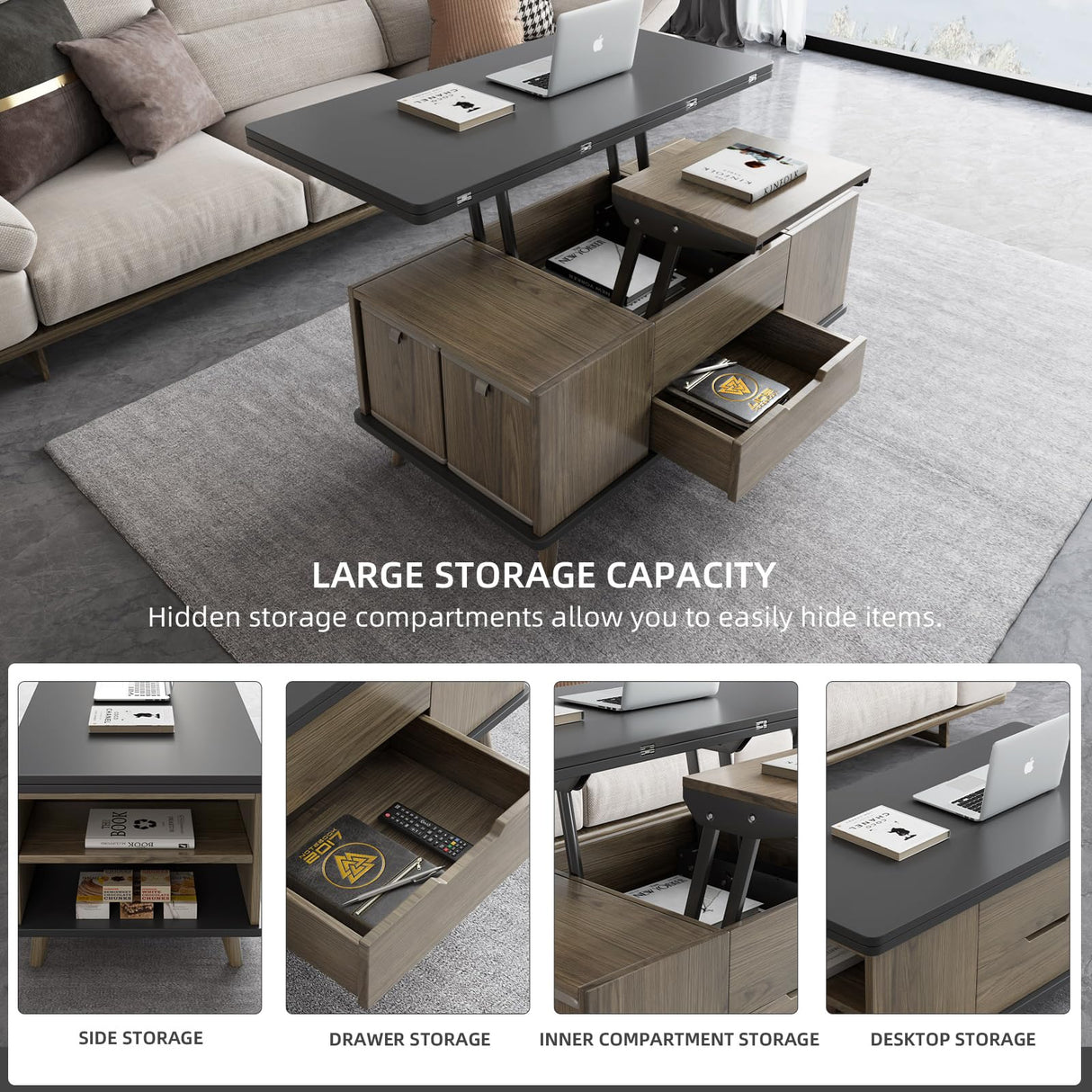 Guyii 38.97" Lift-Top Coffee Table with 4 Stools, 3-in-1 Multi-Functional Center Table, Expandable Dining Table for Living Room, Lift Tabletop Coffee Table with Hidden Storage Compartment, Grey Guyii