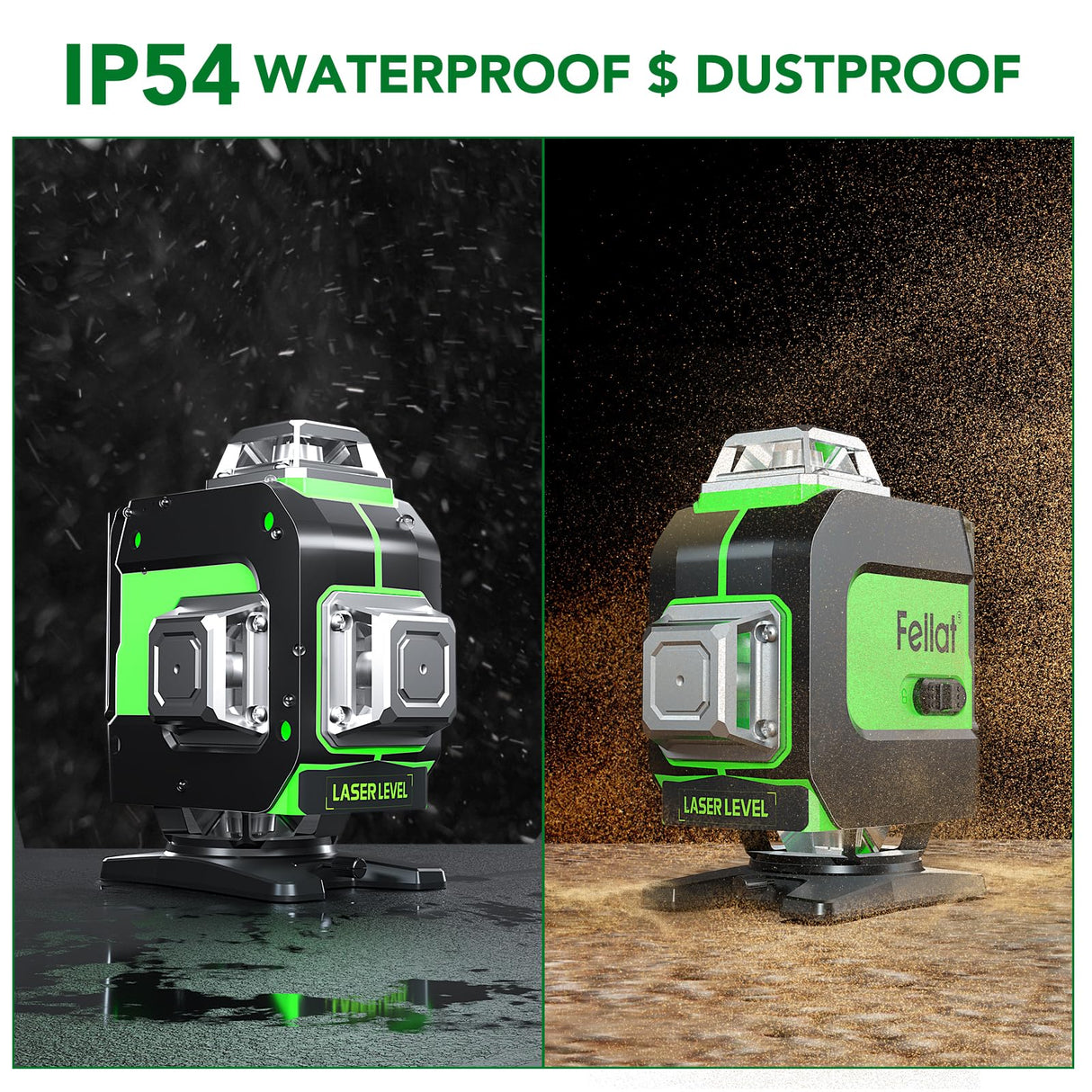 FELLAT Laser Level, 4x360° Self Leveling Green Cross Line Laser for Construction and Picture Hanging with Rechargeable battery, Remote Controller, Magnetic Rotating Stand FELLAT