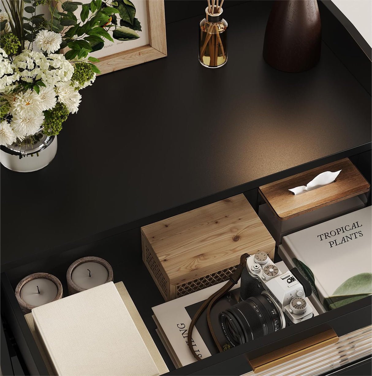 HOSTACK Modern 5 Drawer Dresser, Tall White Dresser Chest of Drawers with Gold Handles, Wood Dresser Storage Cabinet with Anti-Drop Fence & Fluted Glass for Living Room, Hallway, Entryway, Black HOSTACK