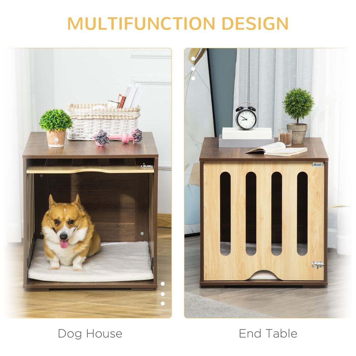 PawHut Furniture Style Dog Crate End Table with Removable Door Panel, Dog Crate Bed with Foam Cushion, Safety Lock, Indoor Use, for Small & Medium Dogs, Brown PawHut
