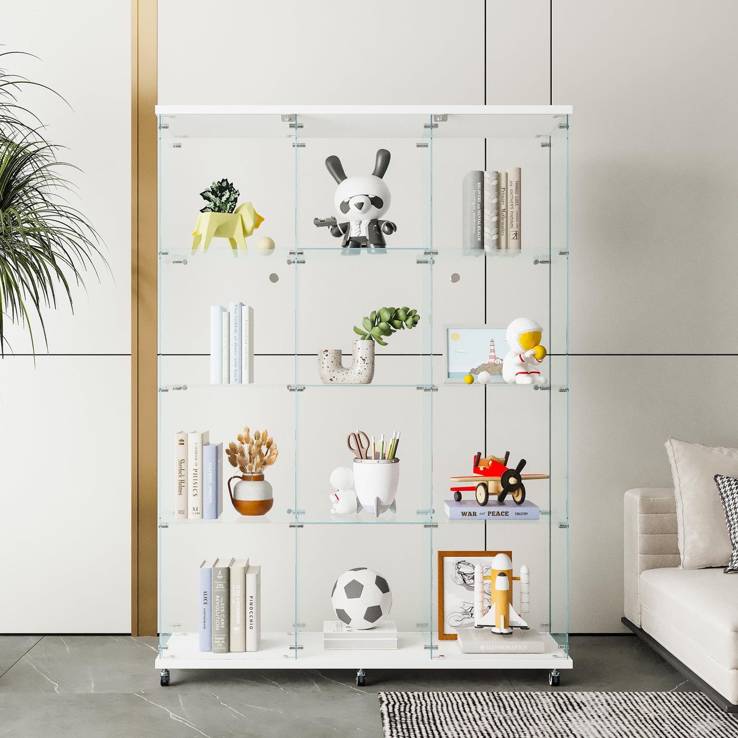 Henf Modern Glass Display Cabinet with 4 Shelves & Wheels, Extra Large Double Doors Curio Cabinets with Lock, Floor Standing Display Case for Living Room, 47.71" W x 14.37" D x 66.53" H, White