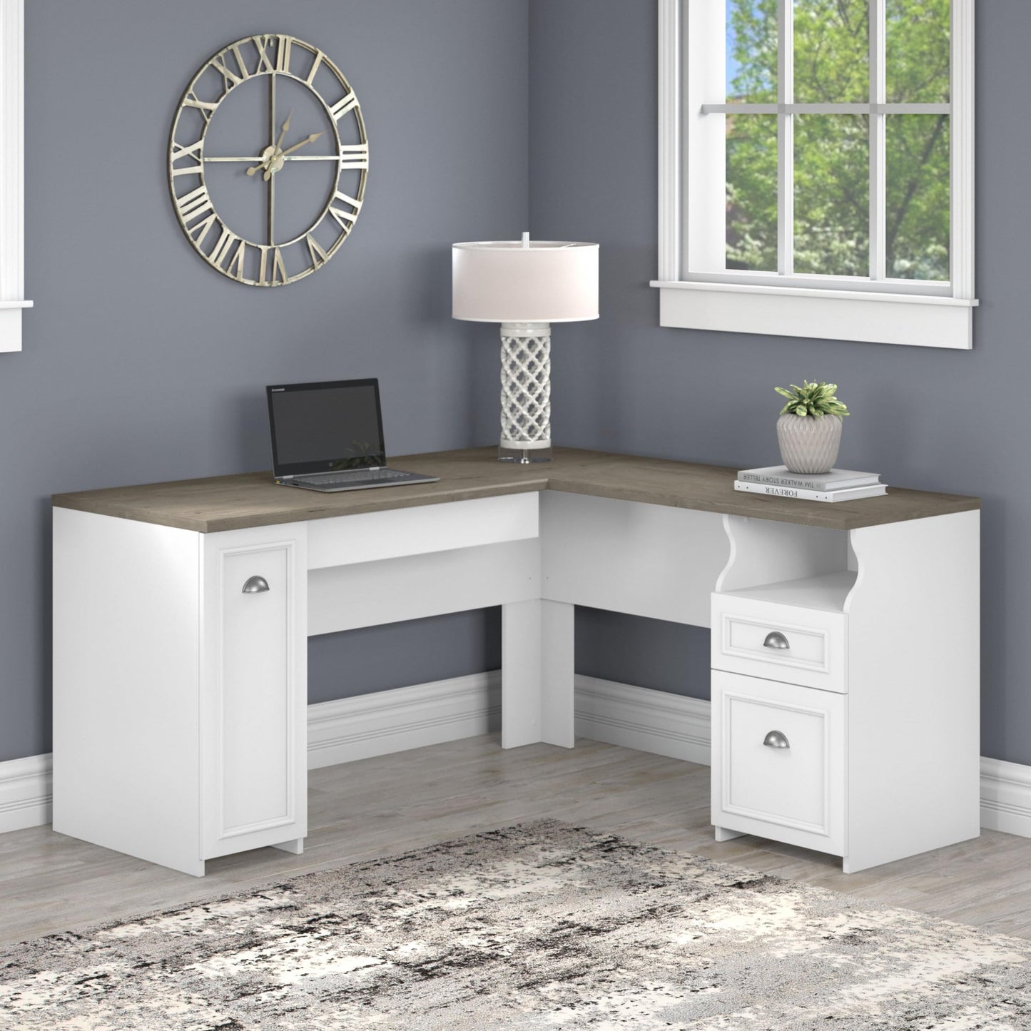 Bush Furniture Fairview L Desk, 60W, Shiplap Gray/Pure White - WoodArtSupply