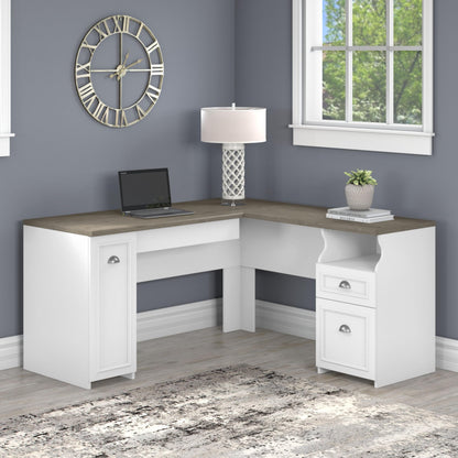 Bush Furniture Fairview L Desk, 60W, Shiplap Gray/Pure White - WoodArtSupply