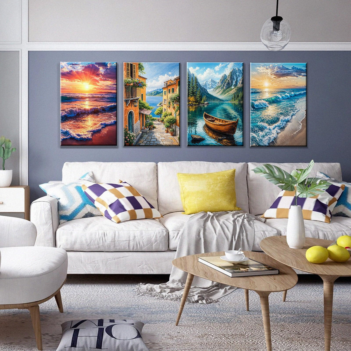 JOOZ 4 Pack Paint by Numbers Kit for Adults with Frame Seaside Sunset Paint by Number with Easel DIY Beach Sea Adult Paint by Number Kit on Canvas Oil Painting Kits for Home Wall Decor 8x12 Inch JOOZ