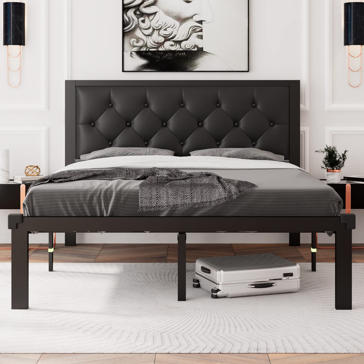 Feonase Full Size Metal Bed Frame with Faux Leather Button Tufted Headboard, Heavy-Duty Platform Bed Frame with 12" Storage, Steel Slats Support, No Box Spring Needed, Noise Free, Black Feonase