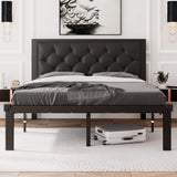 Feonase Full Size Metal Bed Frame with Faux Leather Button Tufted Headboard, Heavy-Duty Platform Bed Frame with 12" Storage, Steel Slats Support, No Box Spring Needed, Noise Free, Black Feonase