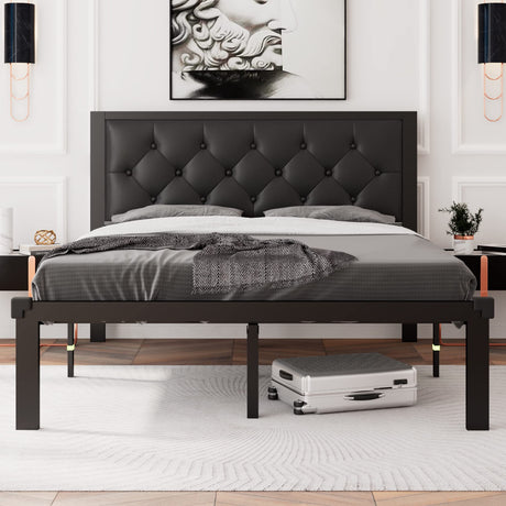 Feonase Full Size Metal Bed Frame with Faux Leather Button Tufted Headboard, Heavy-Duty Platform Bed Frame with 12" Storage, Steel Slats Support, No Box Spring Needed, Noise Free, Black Feonase