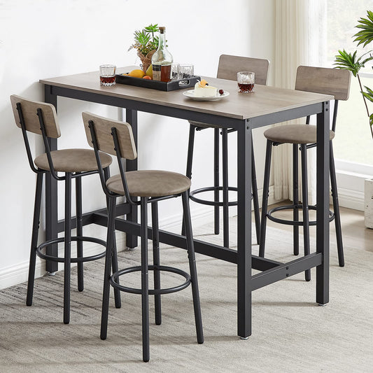 CALABASH Bar Table and Chairs Set,Industrial Counter Height Pub Table with 4 Chairs,Bar Table Set 5 Pieces Dining Table Set Home Kitchen Breakfast Table Set(Grey, Rectangular 1Table +4 Stools)