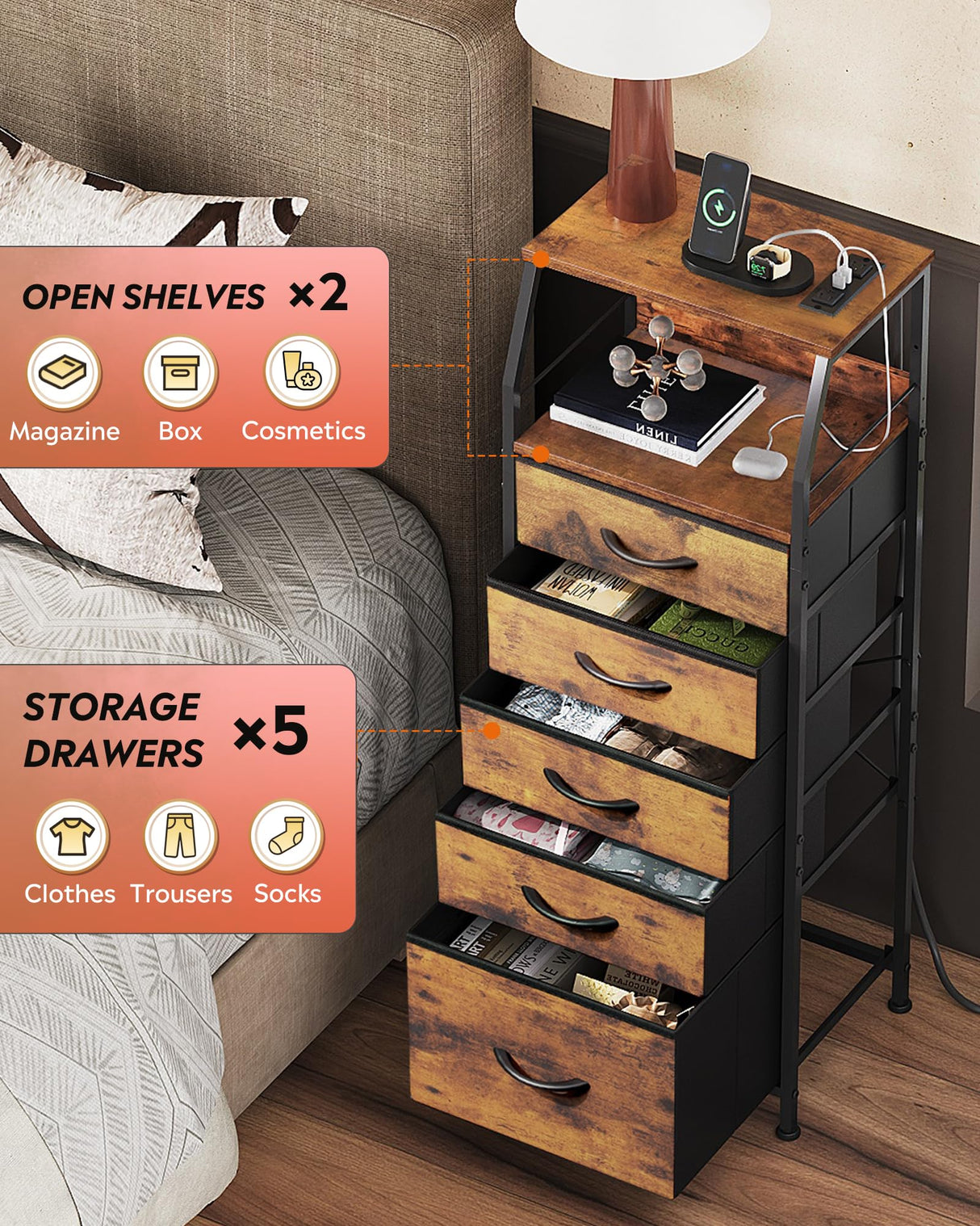 WLIVE LED Nightstand with Charging Station, Fabric Dresser with 5 Drawers for Bedroom, Tall Night Stand with Open Shelves, Bed Side Tables Living Room, Rustic Brown WLIVE